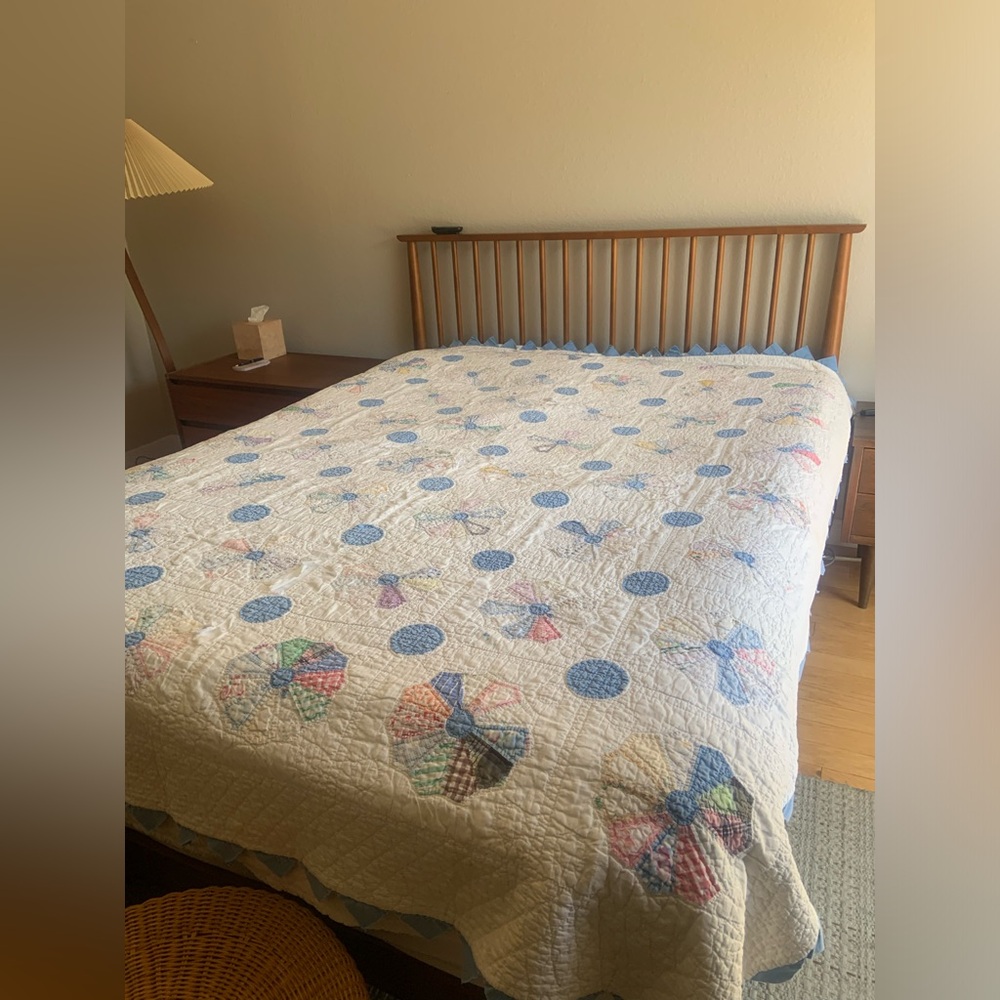 Antique Patchwork Quilt Bedspread with Blue Accents